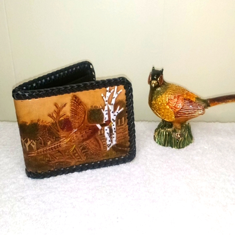 Hand made leather wallet and jeweled pheasant trinket box